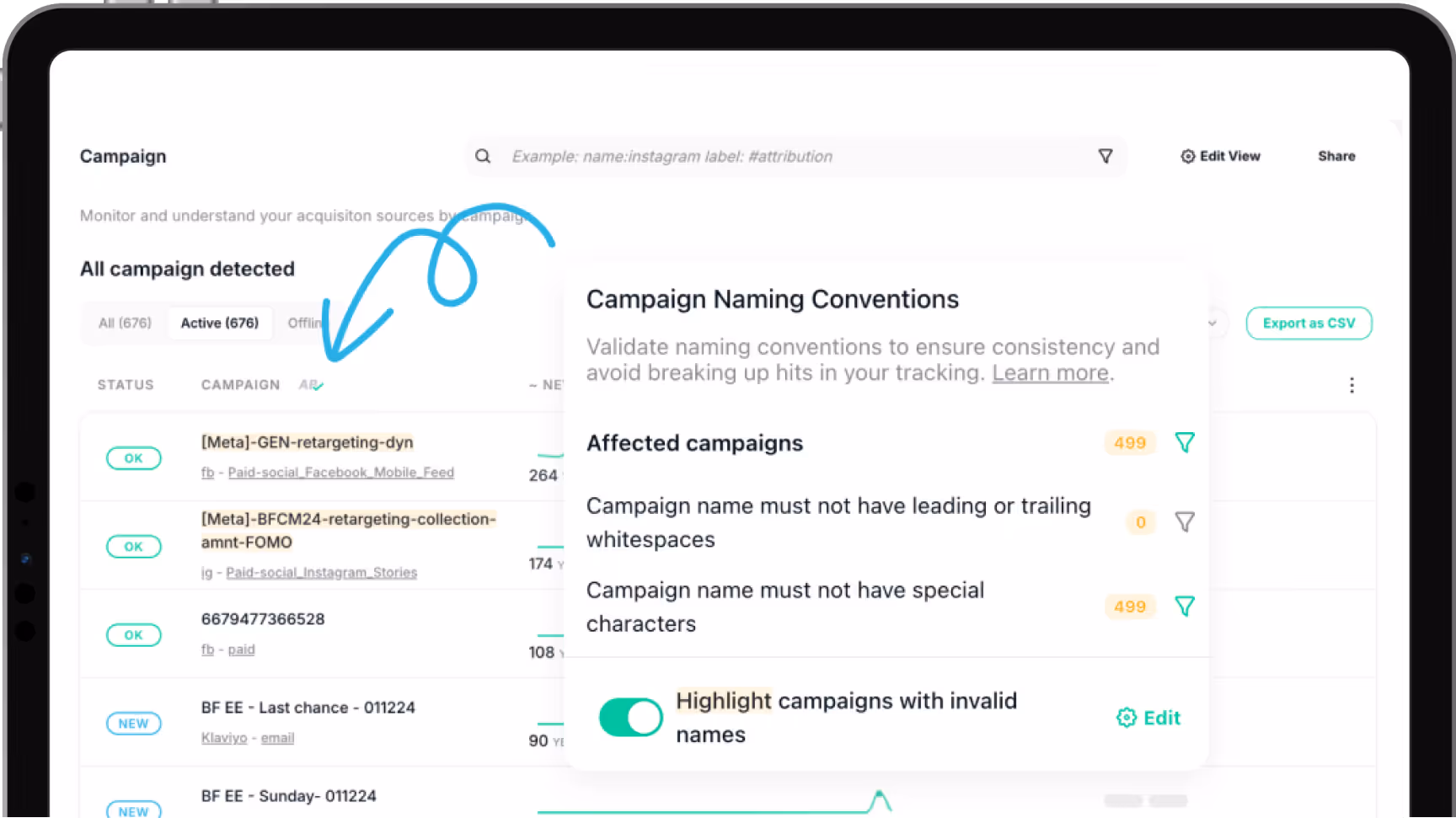Tablet screen showing a campaign management dashboard with campaign list and a pop-up about campaign naming conventions highlighting rules against leading/trailing whitespaces and special characters.