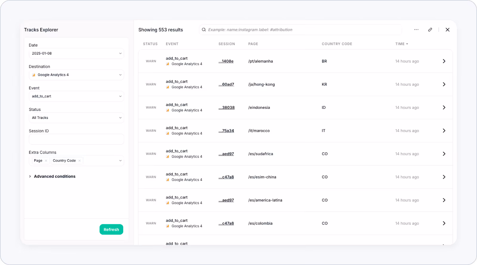 The example shows a use case of Tracks Explorer adding extra columns by country code to view sessions by country.
