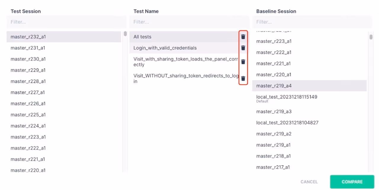 View of Trackingplan's Regression Testing: Test sessions and baselines sessions.