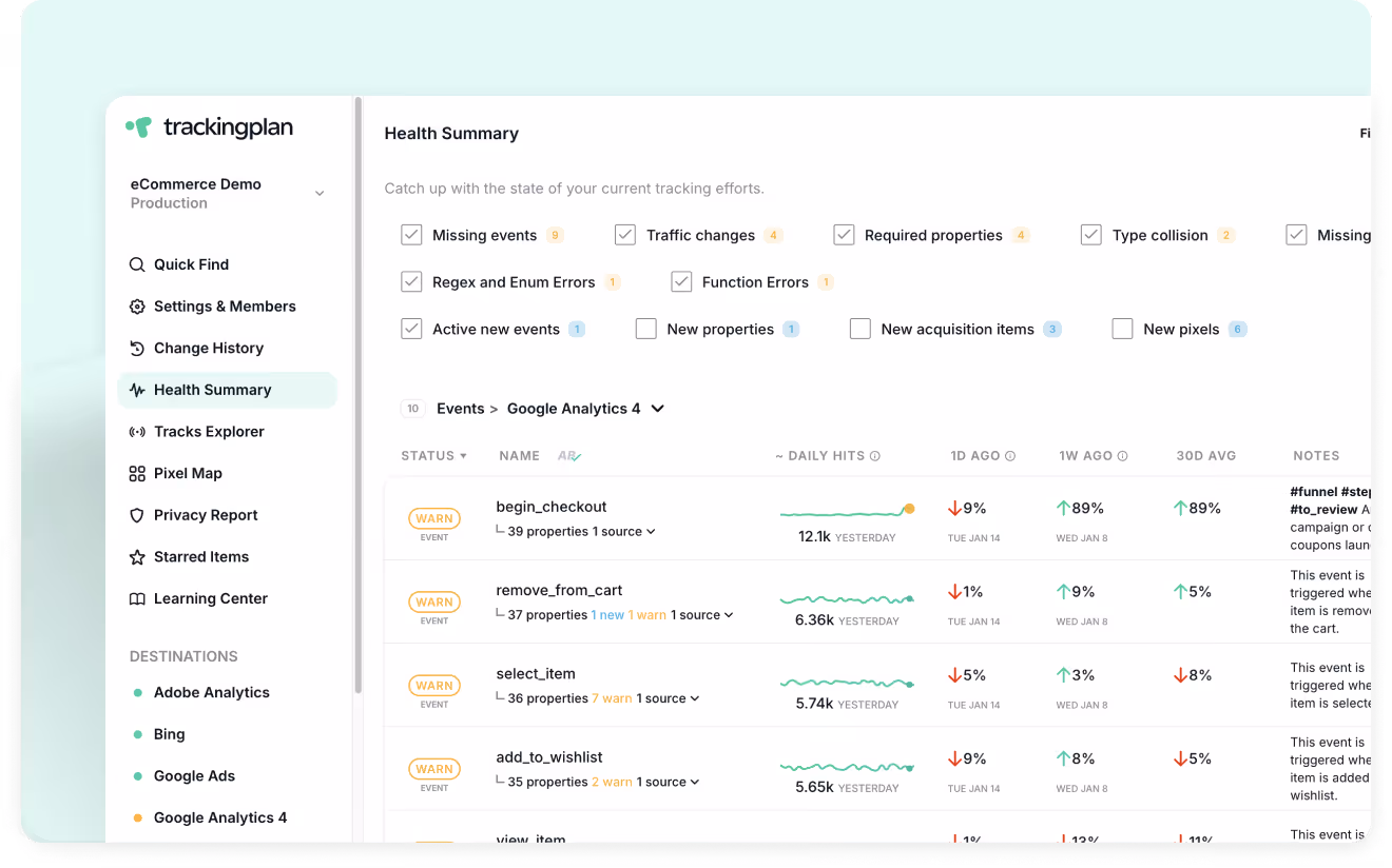 Trackingplan interface showing real-time event validation for server-side tagging