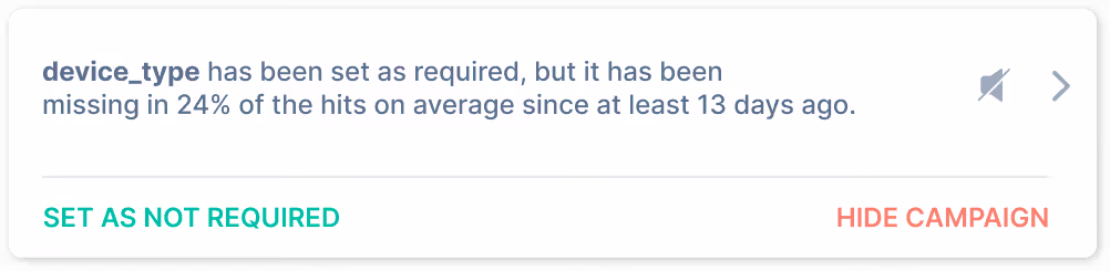 Trackingplan's automated warnings: device_type has been set as required, but it has been missing in 24% of the hits on average since at least 13 days ago.