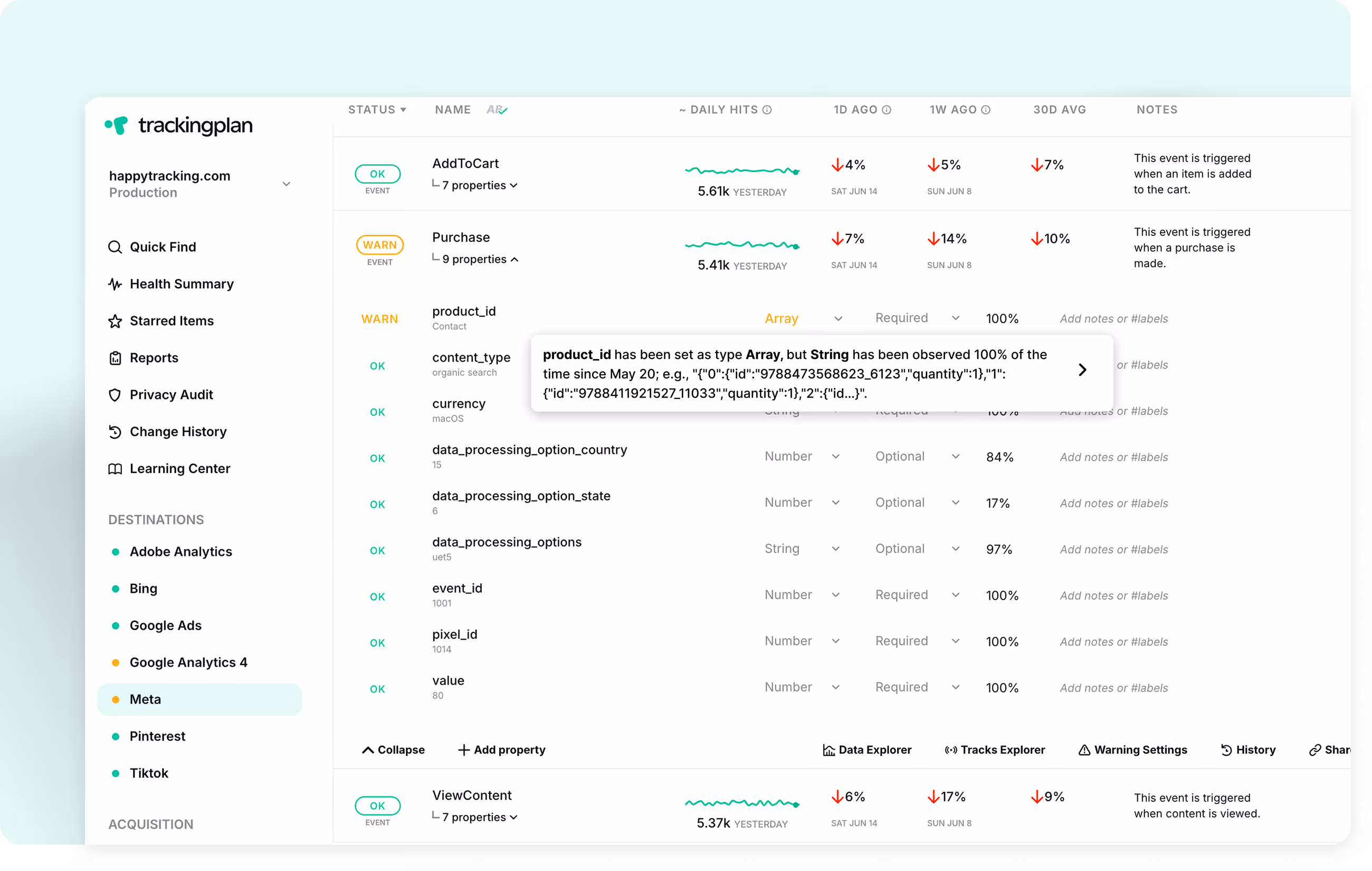 Ensure data consistency by defining the expected format for each property (e.g., string, number, array, etc.). When Trackingplan detects a mismatch between the actual and expected formats, it flags the event, helping you identify issues like unexpected data types or structural changes.
