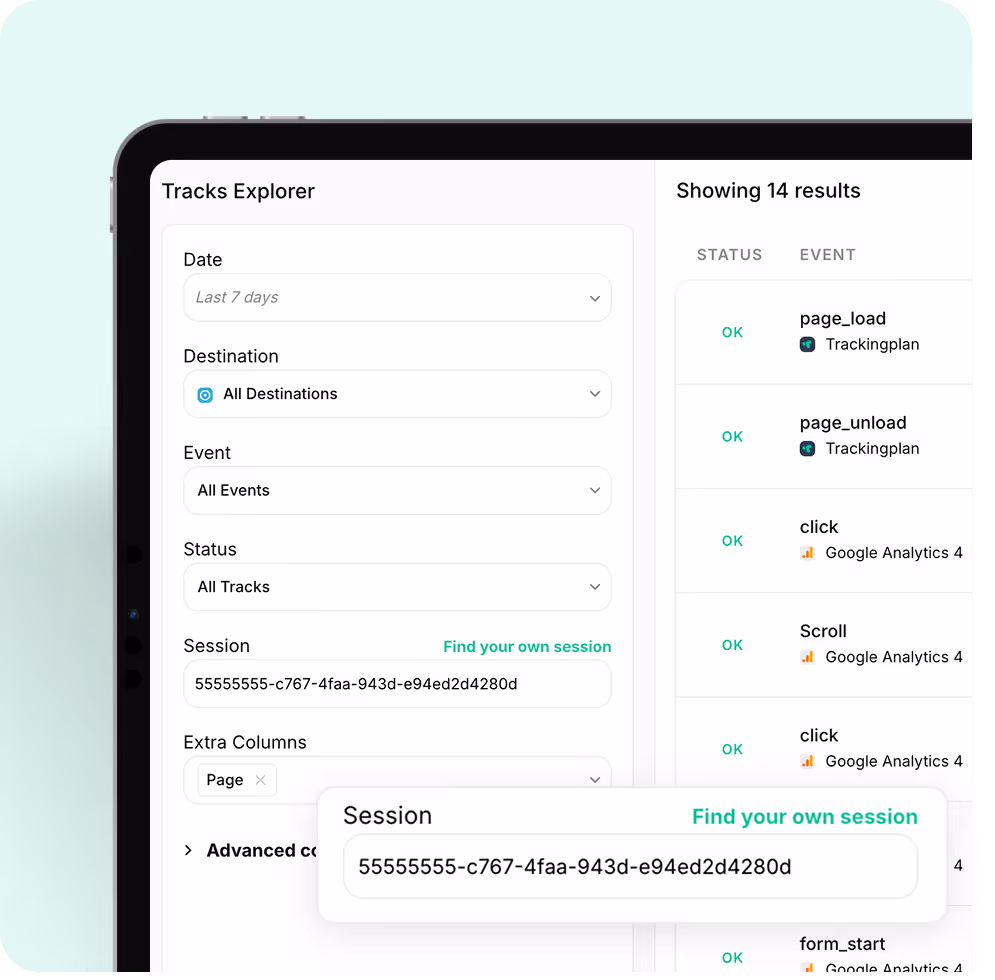 Tracking dashboard interface showing filter options for date, destination, event, status,