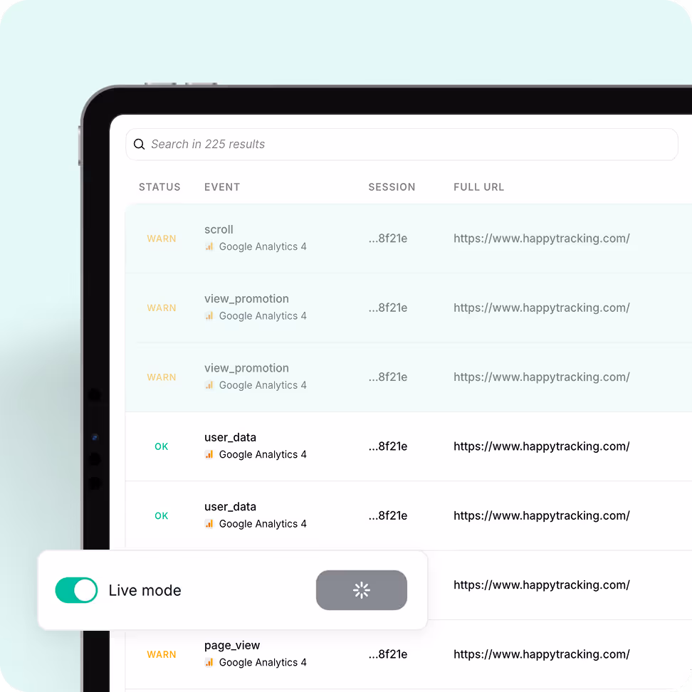 Tablet screen showing an event tracking dashboard with event statuses like WARN and OK, ev