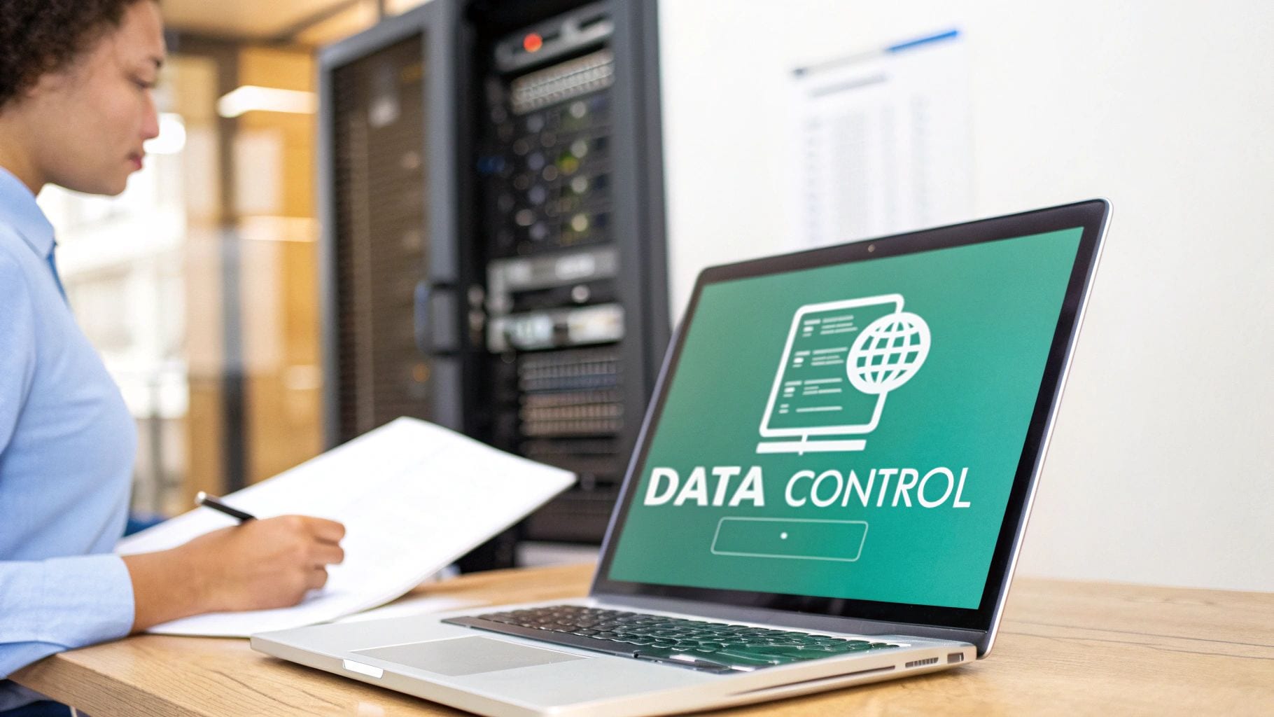 A person reviews documents while a laptop shows 'DATA CONTROL' next to server racks.
