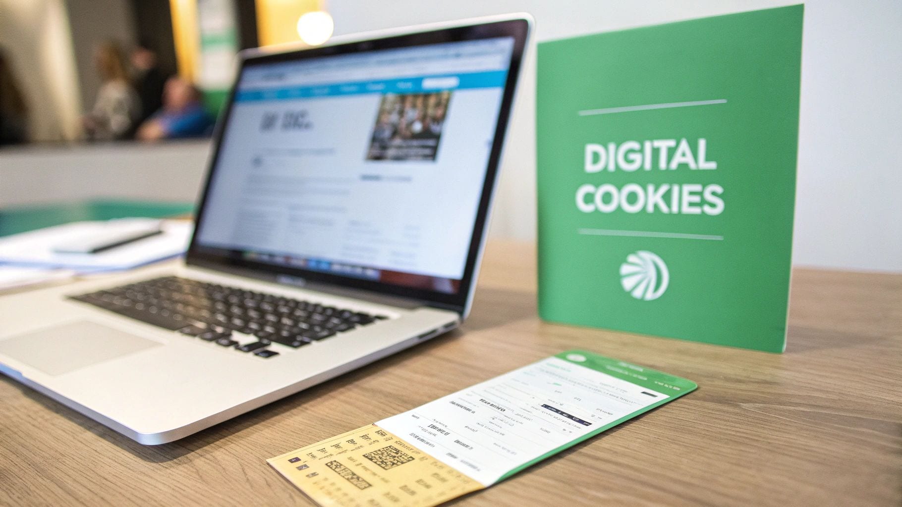 A laptop showing a website, a green 'Digital Cookies' sign, and documents on a wooden desk, emphasizing digital marketing.