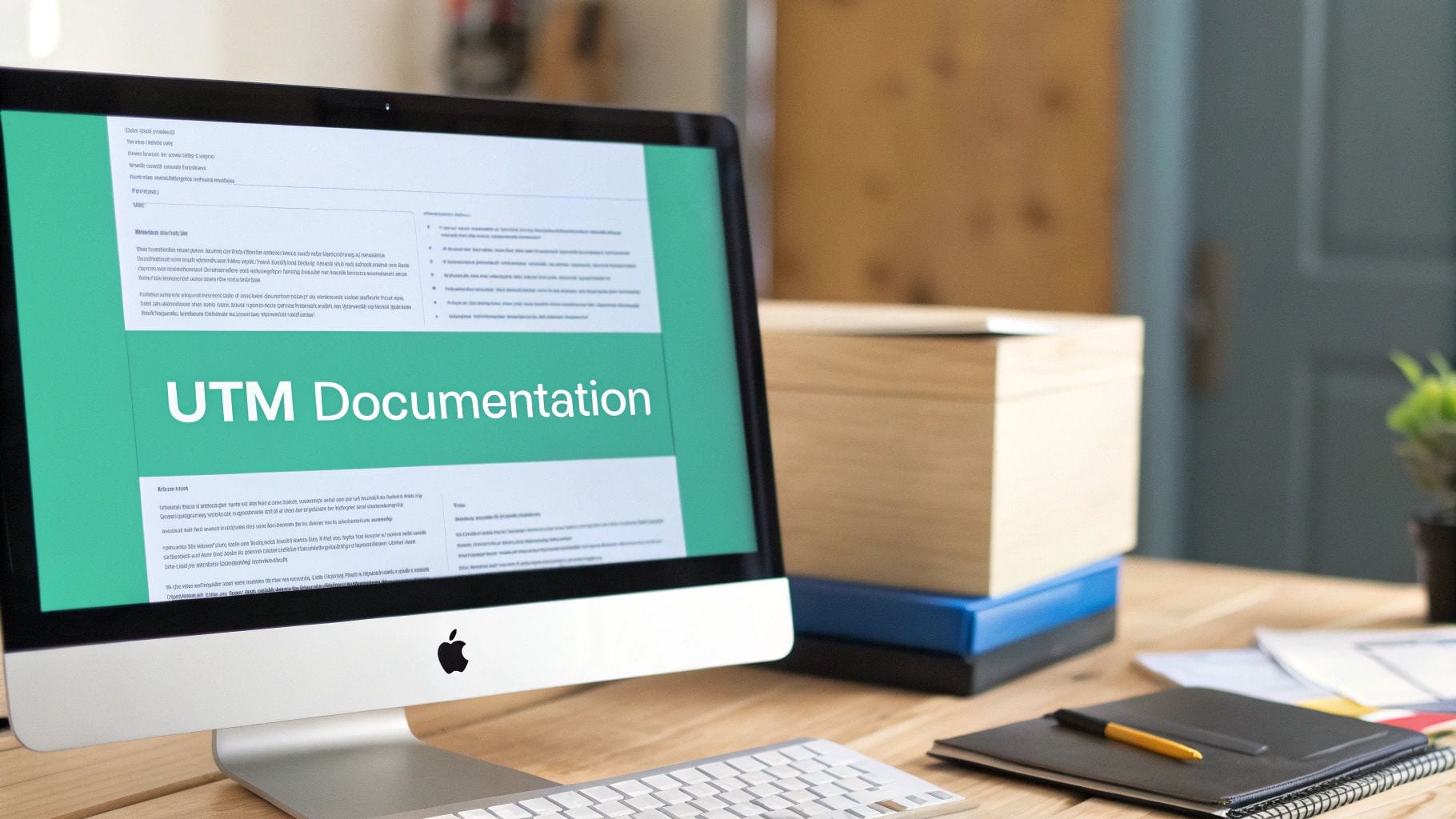 An Apple iMac displaying 'UTM Documentation' on a green screen, situated on a modern wooden desk with a keyboard, notebooks, and a plant.