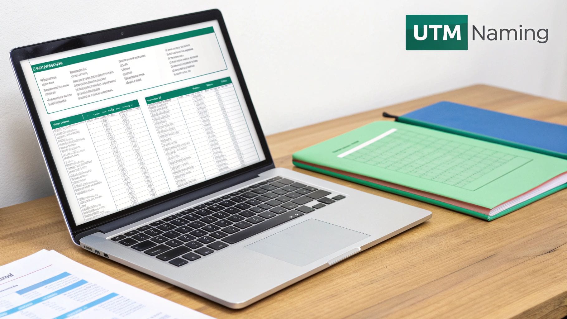 Laptop displaying a UTM naming spreadsheet and data, with office folders on a wooden desk.