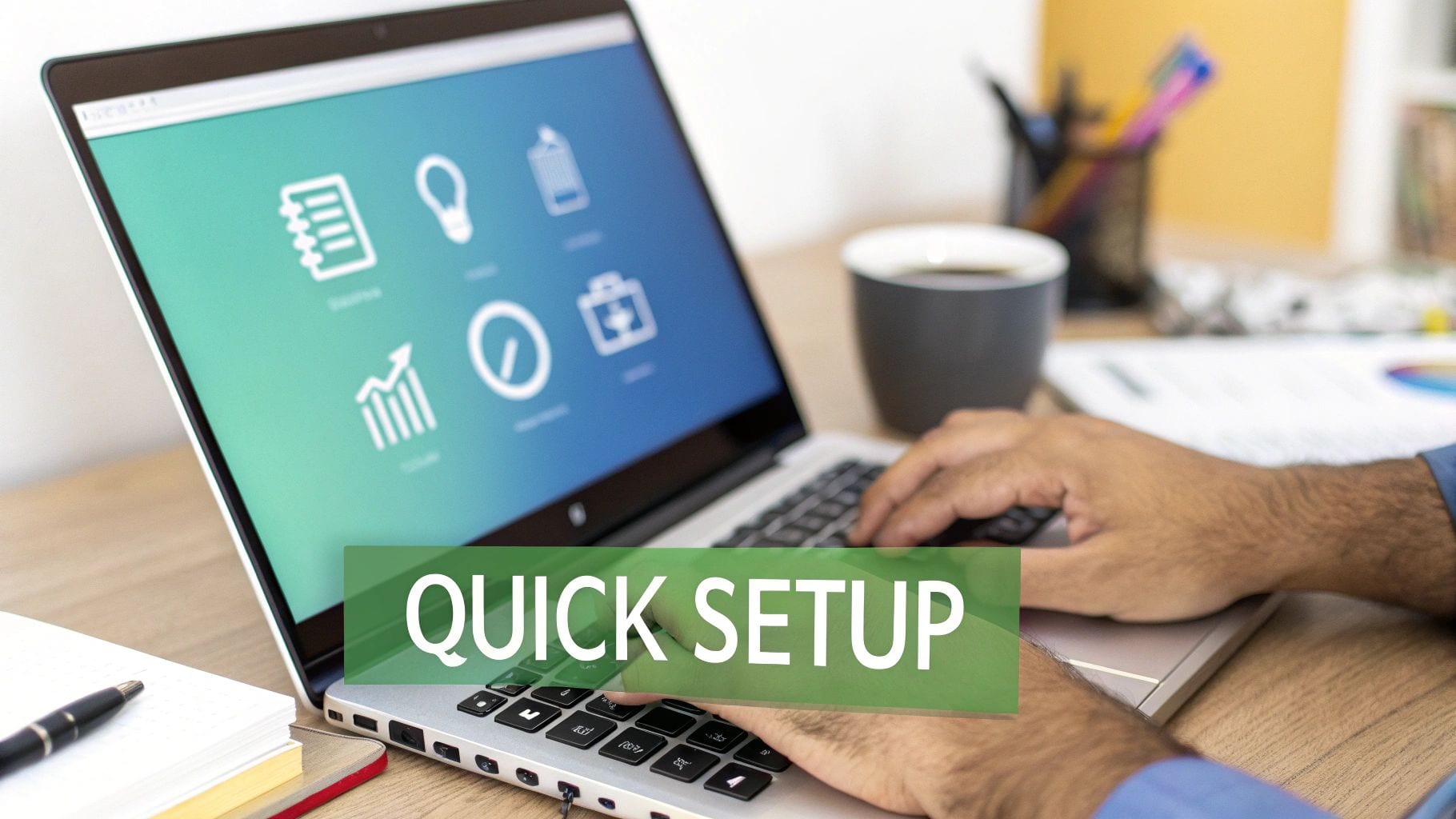 Person typing on a laptop with 'QUICK SETUP' text on screen, surrounded by desk items.