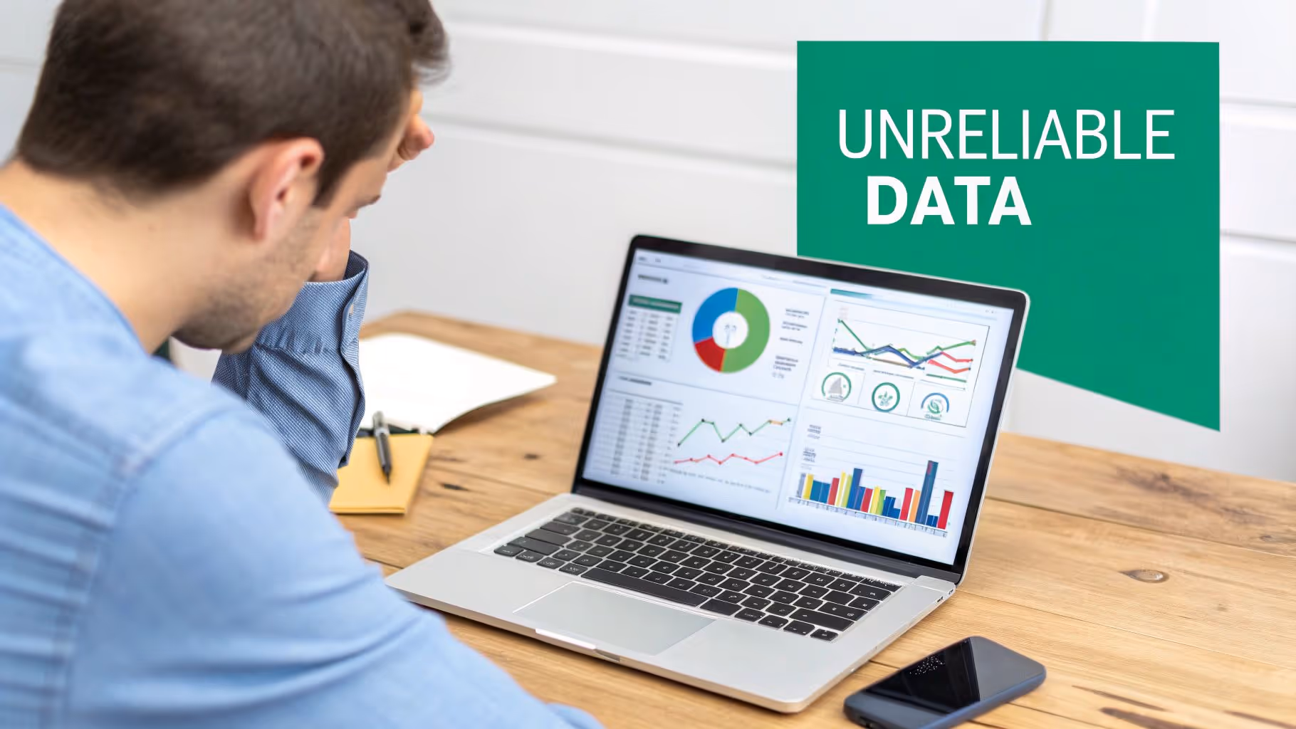 A man looking frustrated at his laptop screen displaying charts and graphs with unreliable data.