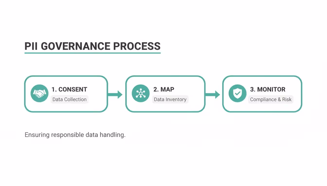 A flowchart illustrating the PII Governance Process with three steps: Consent, Map, and Monitor for data handling.