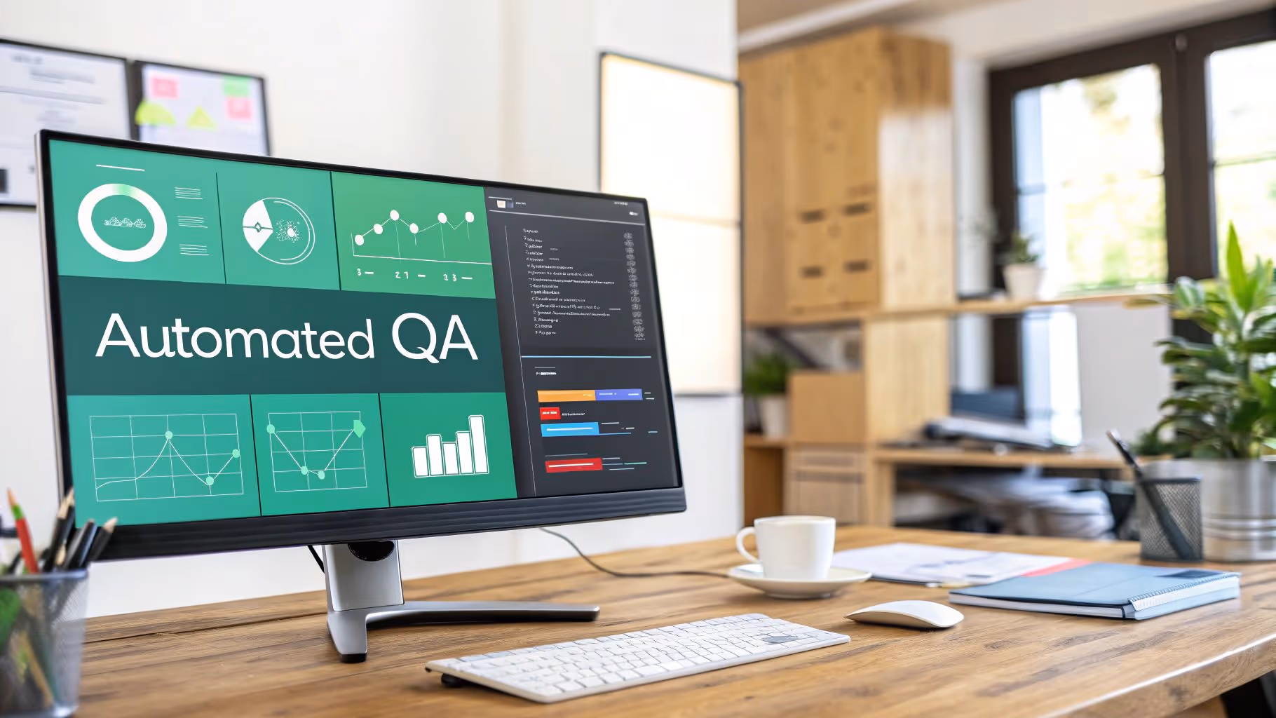 A computer monitor displaying an 'Automated QA' dashboard with various charts and graphs on a wooden desk.