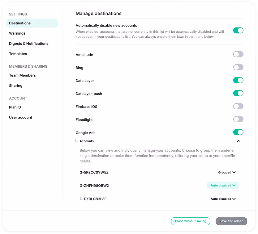Automatically disable new destinations
