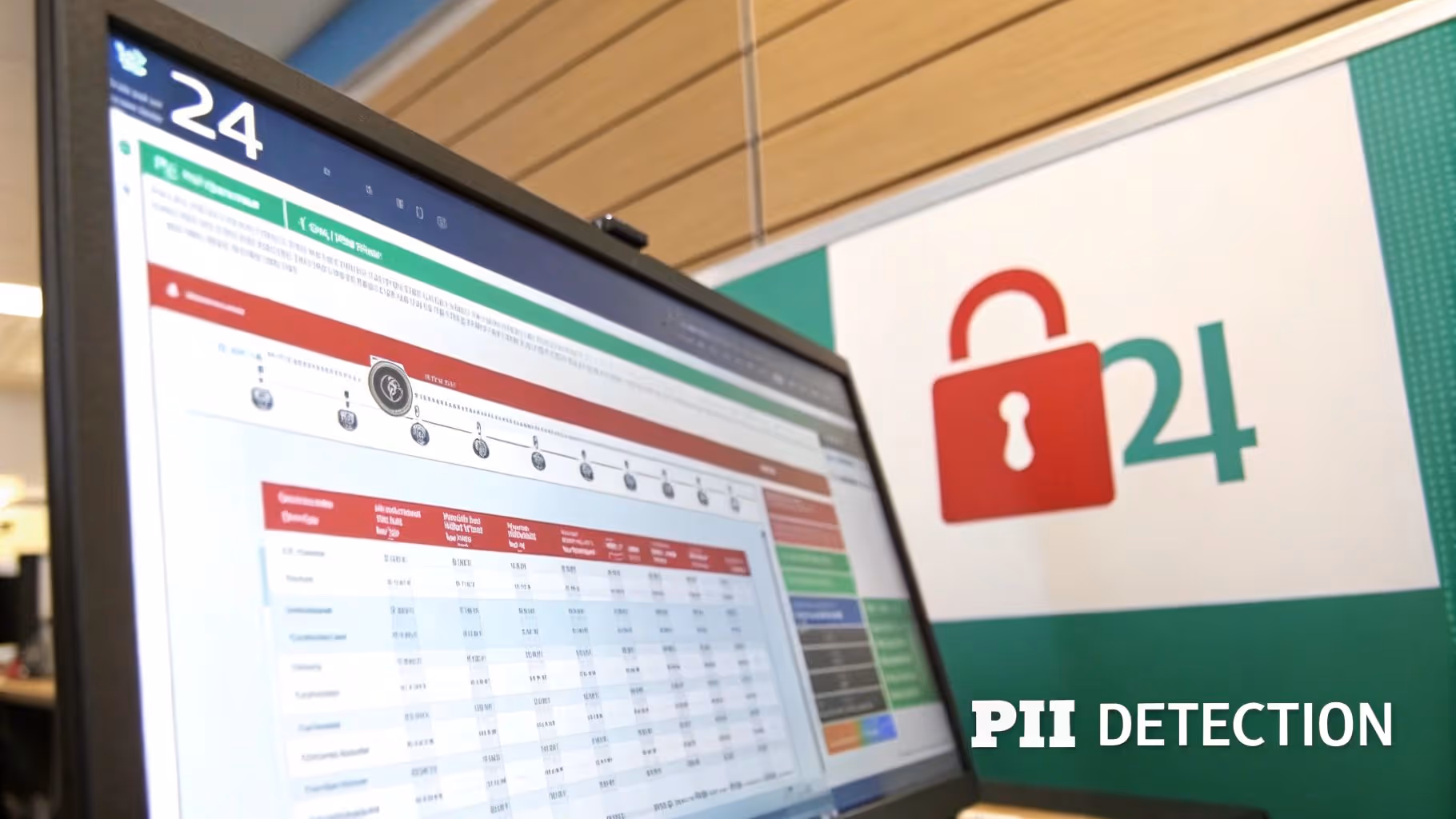 A computer screen showing a data dashboard with a red padlock '24 PII DETECTION' sign in the background.
