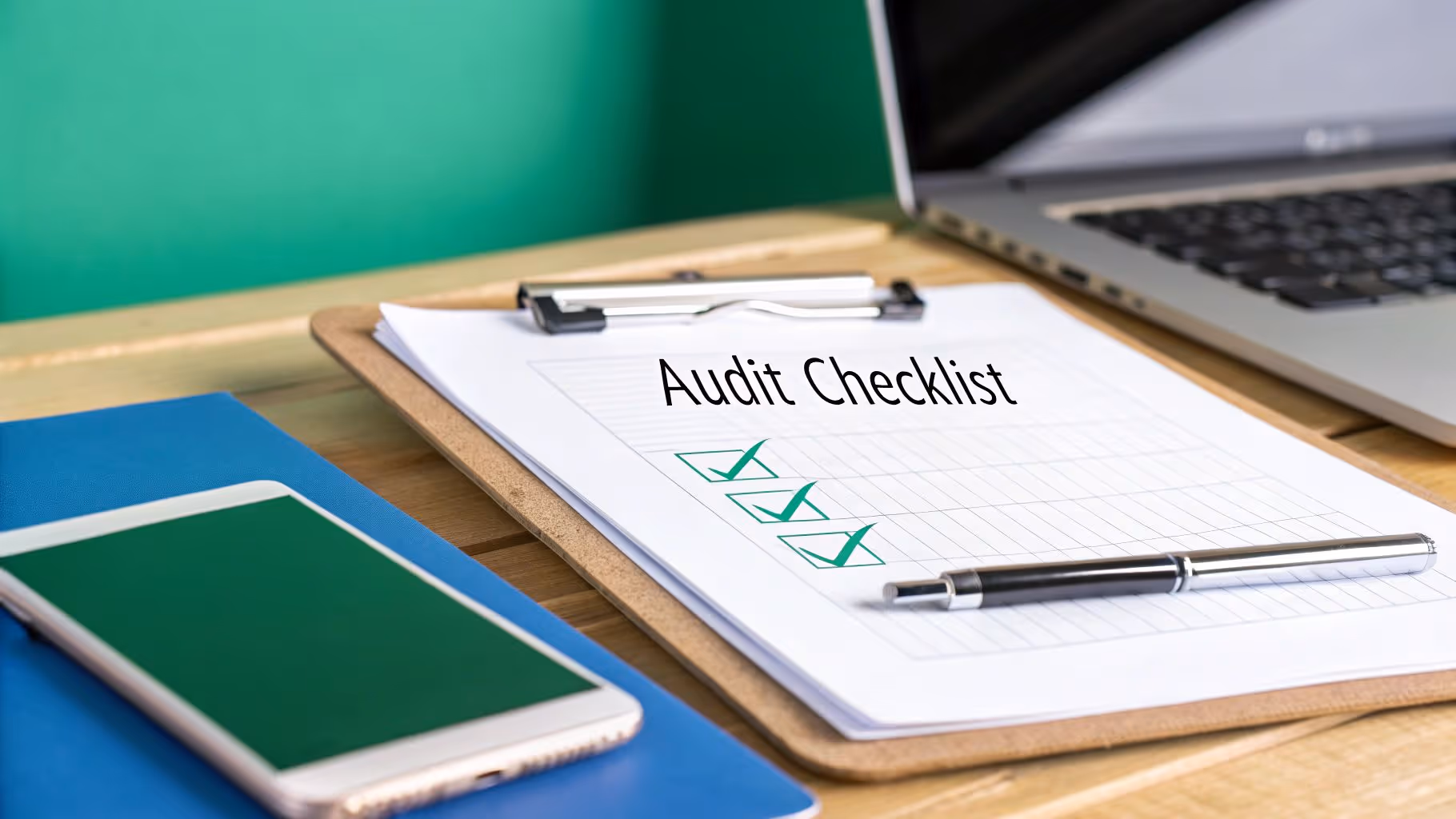 A detailed audit checklist with three green checkmarks on a clipboard, beside a pen, phone, and laptop.