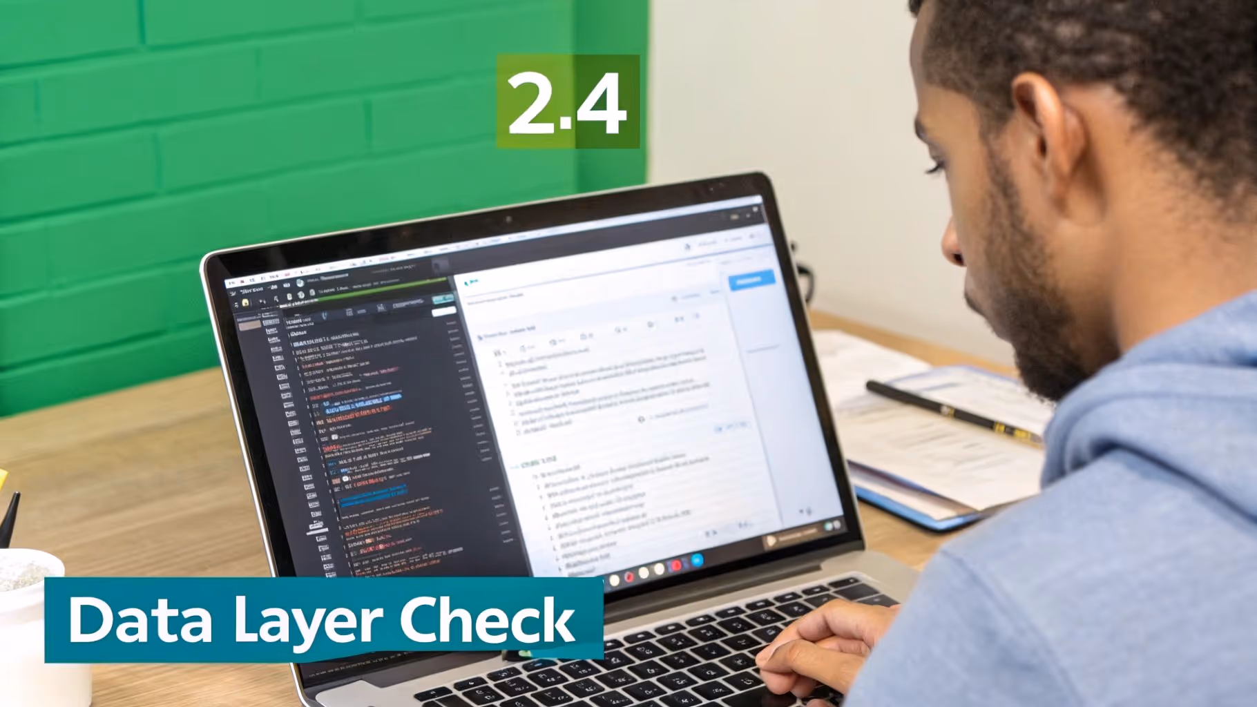 A person works intently on a laptop displaying code and a document, with 'Data Layer Check' text.