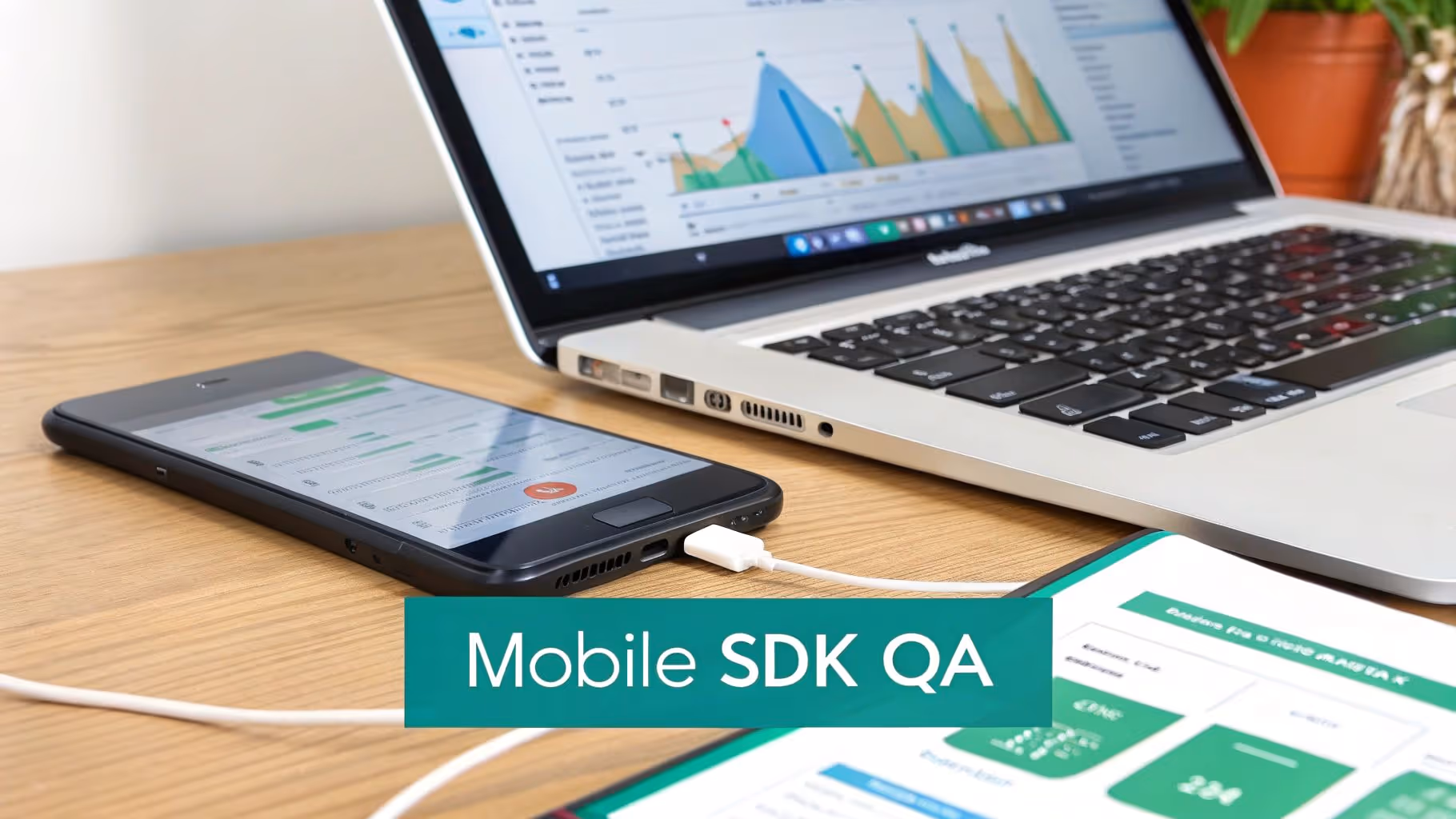 A laptop and smartphone connected on a wooden desk, displaying charts, with 'Mobile SDK QA' text.
