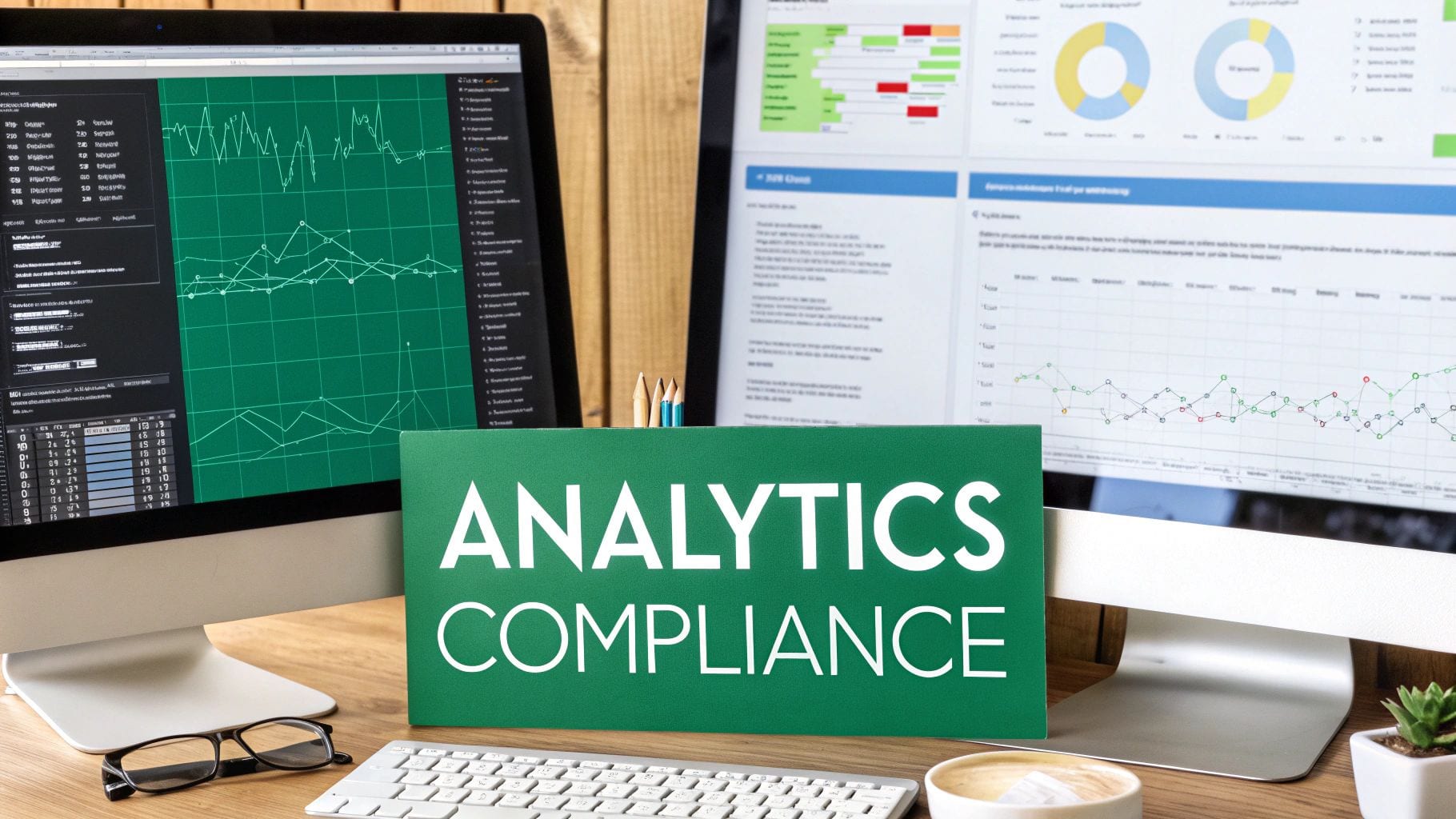 Two computer monitors display data analytics and graphs, with a green 'ANALYTICS COMPLIANCE' sign.