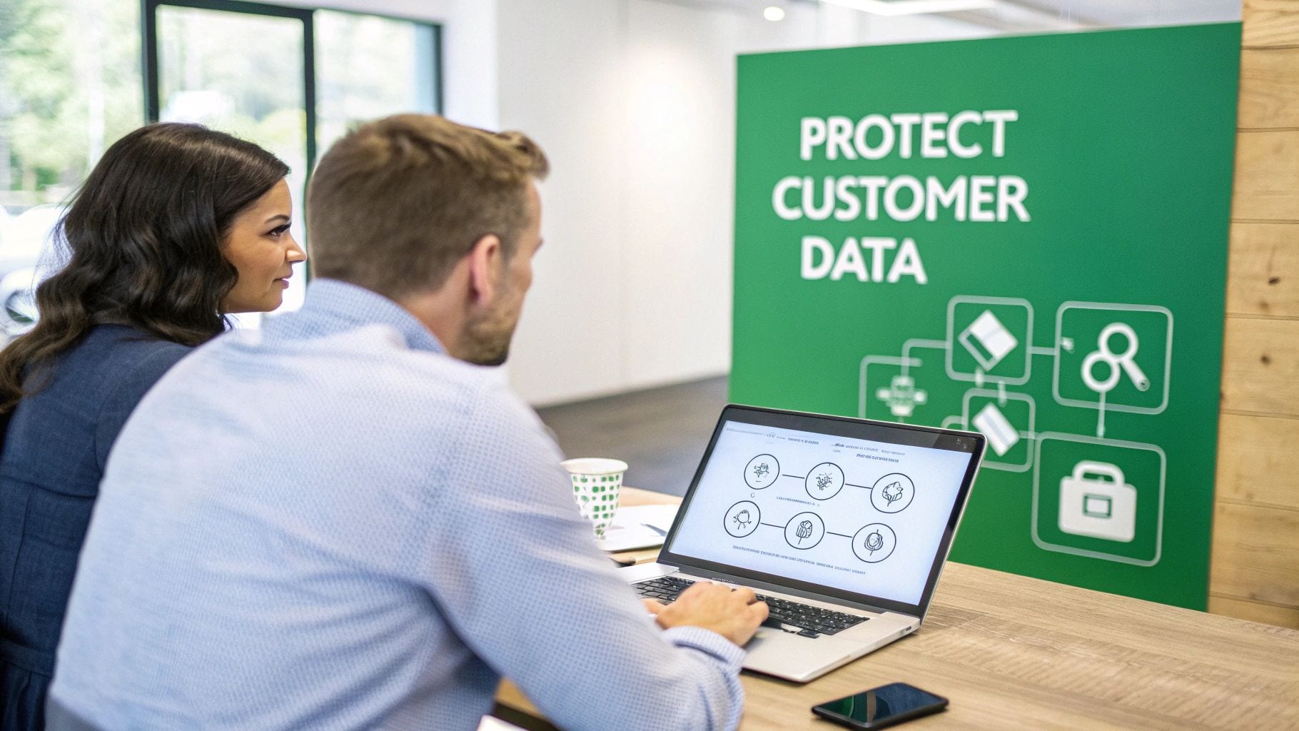 Two colleagues collaborating on a laptop in an office, with a 'Protect Customer Data' sign behind them.