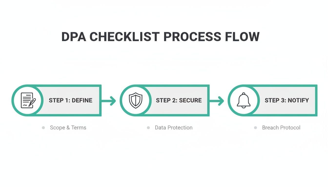 A DPA checklist process flow diagram outlining three steps: Define, Secure, and Notify.