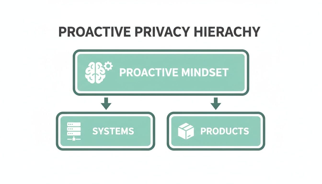 A diagram illustrates the Proactive Privacy Hierarchy with Mindset leading to Systems and Products.