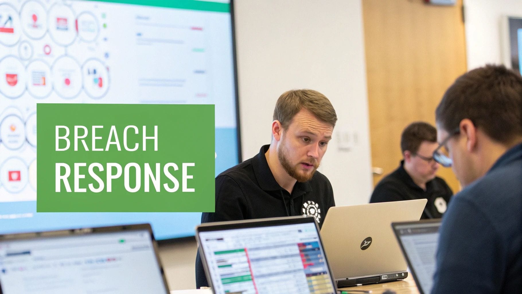 A group of men intensely focused on laptops during a cybersecurity training session titled 'BREACH RESPONSE'.