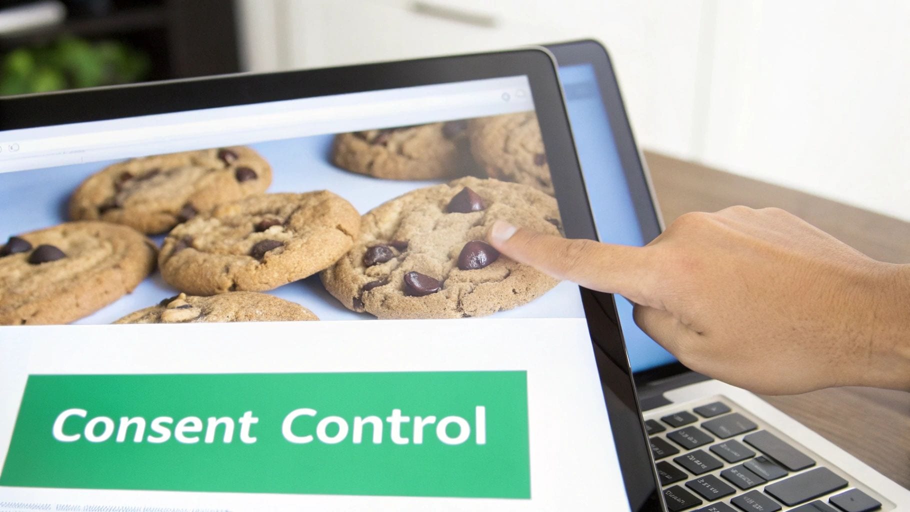 A hand interacts with a laptop screen displaying chocolate chip cookies and a 'Consent Control' banner.