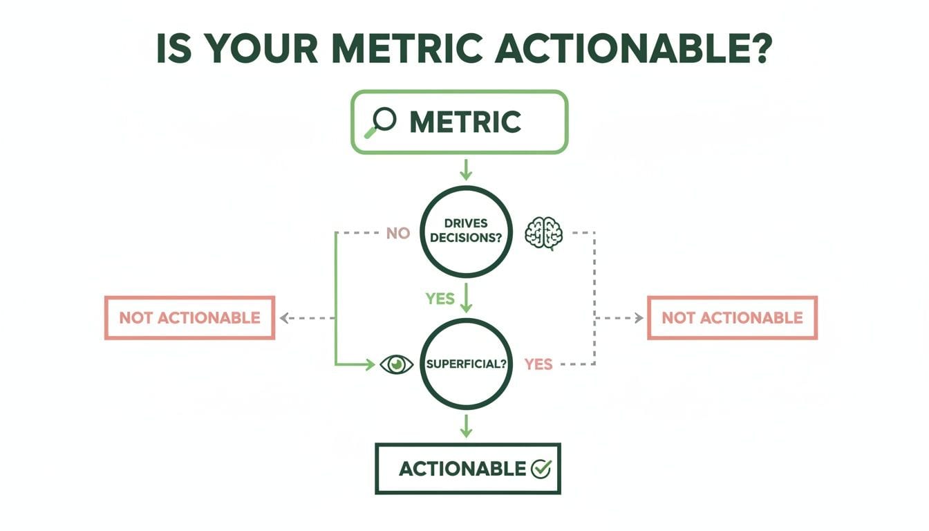 A flowchart explaining how to determine if a metric is actionable, based on decision-making and superficiality.