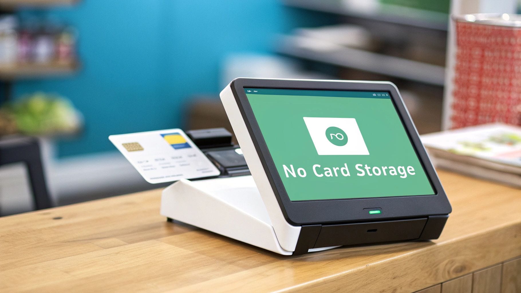 Close-up of a payment terminal processing a credit card with 'No Card Storage' displayed.