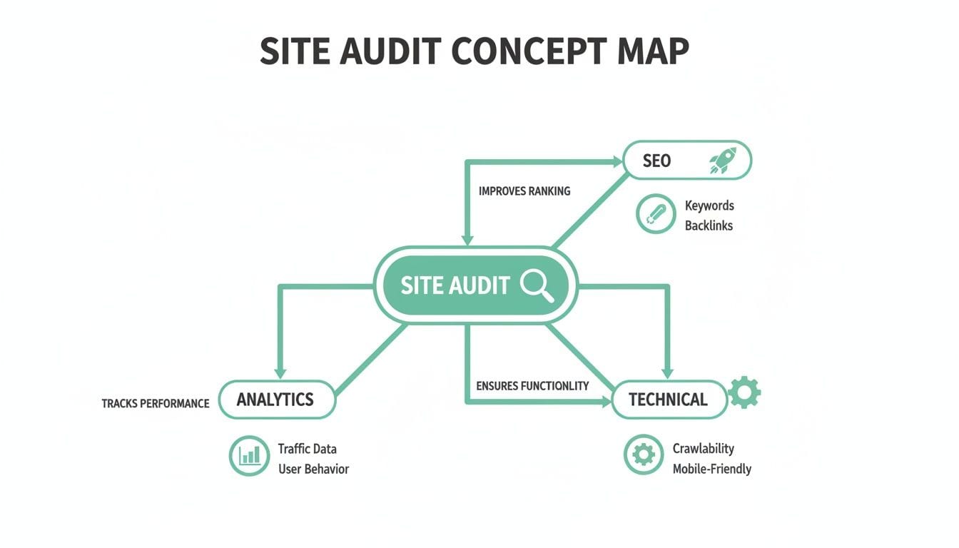 Concept map illustrating the components and benefits of a site audit, including SEO, analytics, and technical checks.