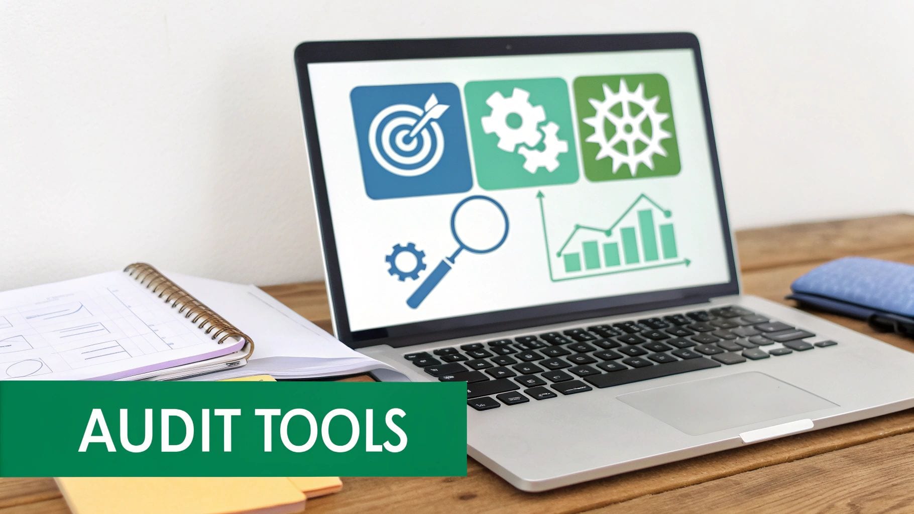 Laptop displaying audit and data analysis tools with a notebook on a wooden desk.
