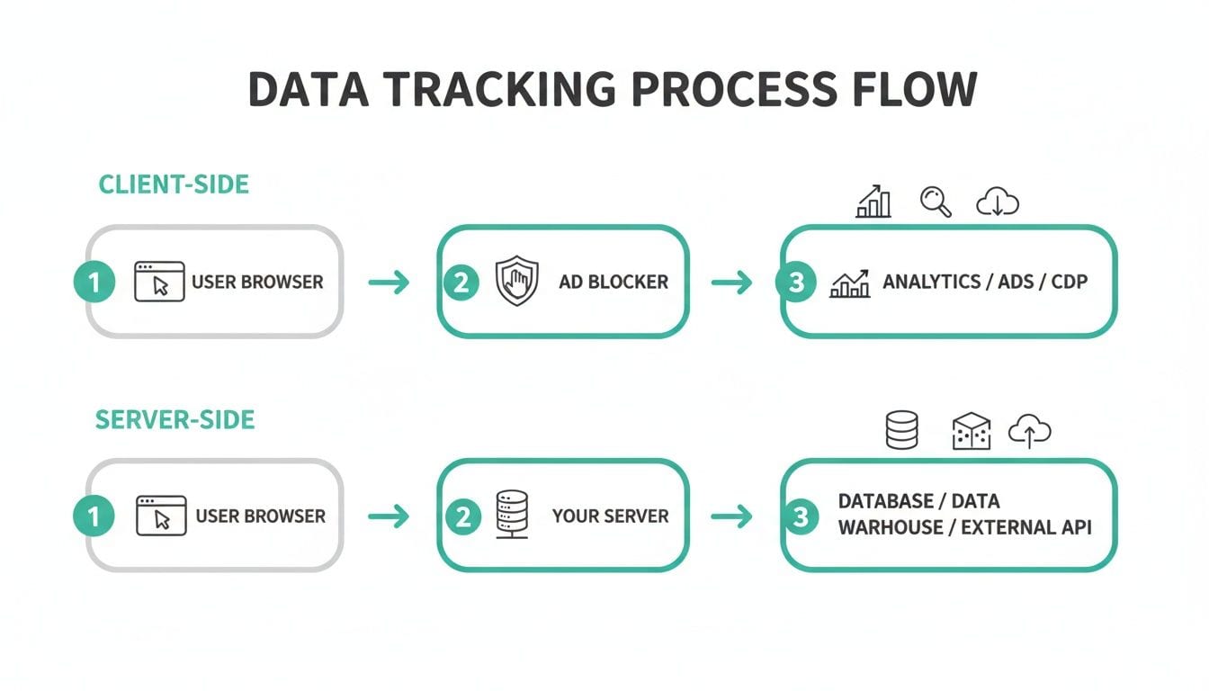 Diagram showing data tracking process flow, differentiating client-side via ad blockers and server-side methods.