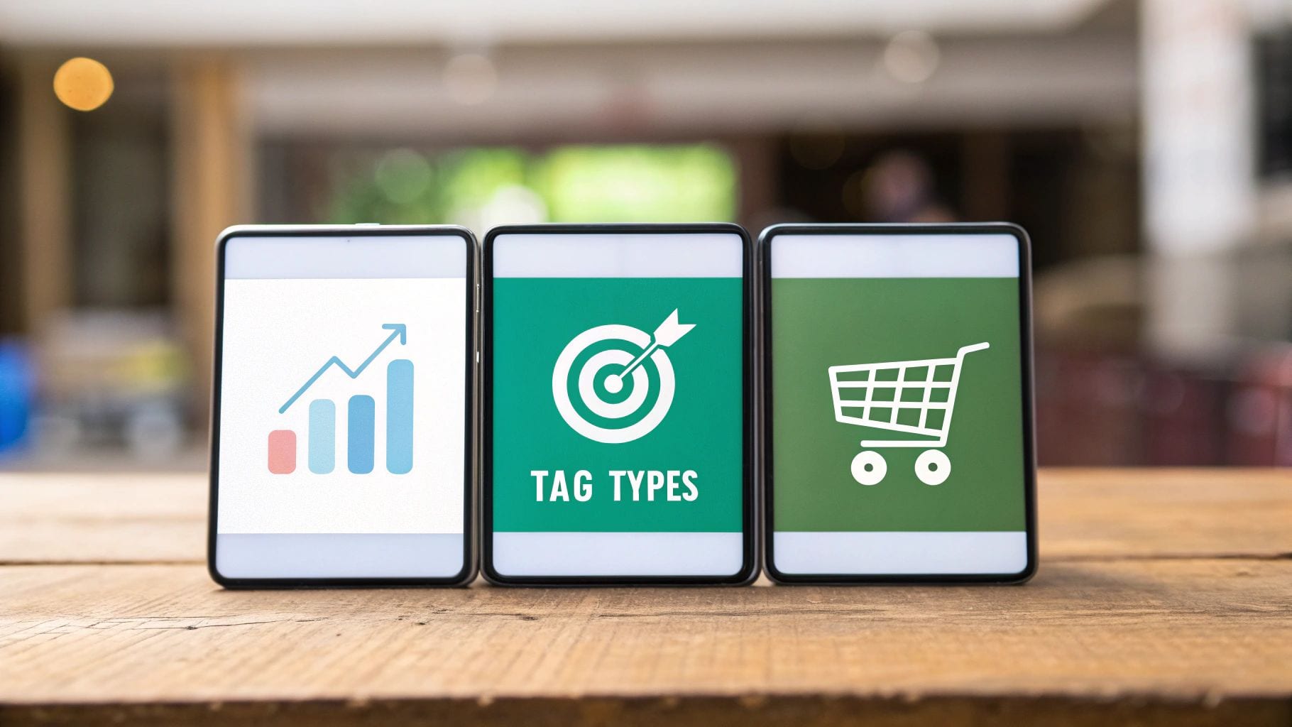 Three smartphones on a wooden table displaying icons for web tag types, analytics, and e-commerce.