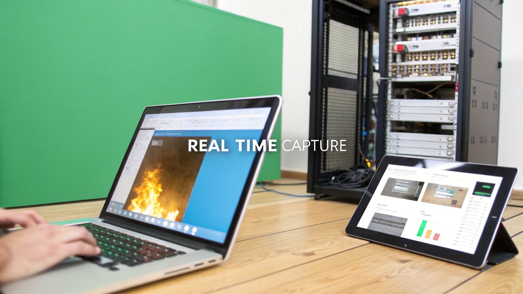 A person types on a laptop displaying real-time fire capture, with a tablet showing data and a server rack.