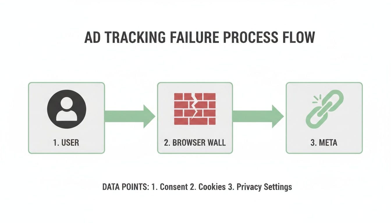 Diagram showing ad tracking failure steps: user, browser wall, and Meta, highlighting data privacy.