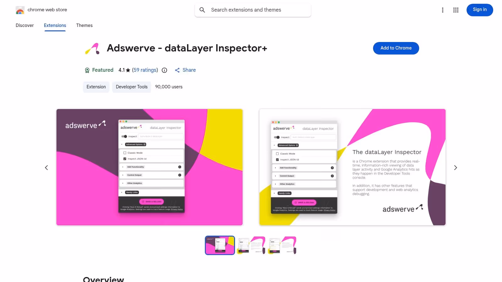Adswerve dataLayer Inspector+ Chrome extension showing data layer events and GA4 hits.