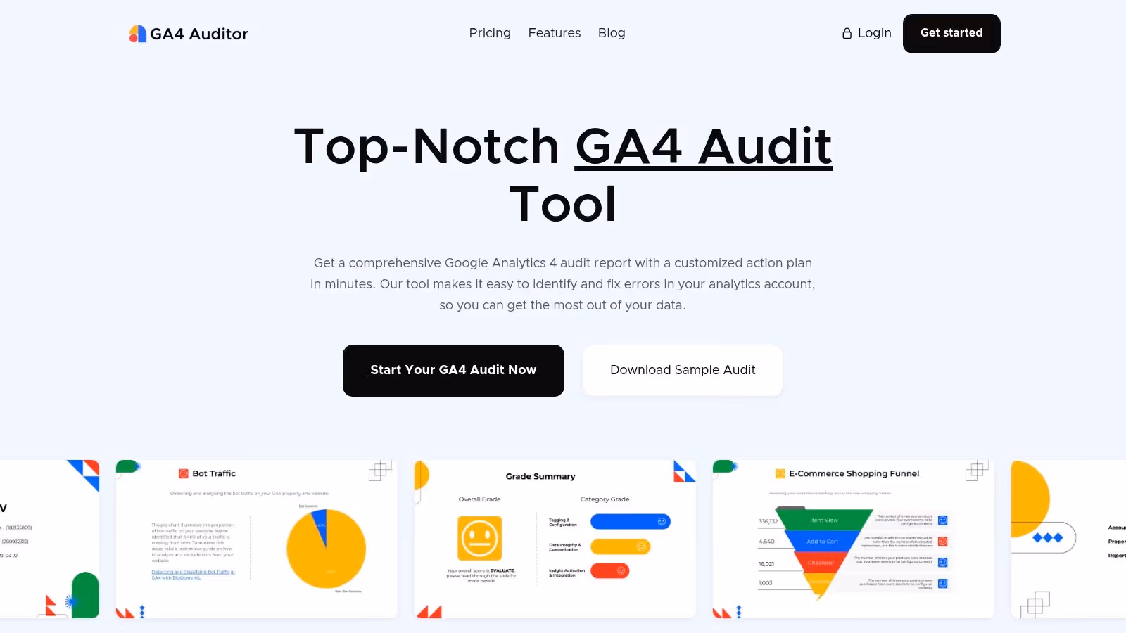 GA4 Auditor's homepage showcasing its report generation feature.