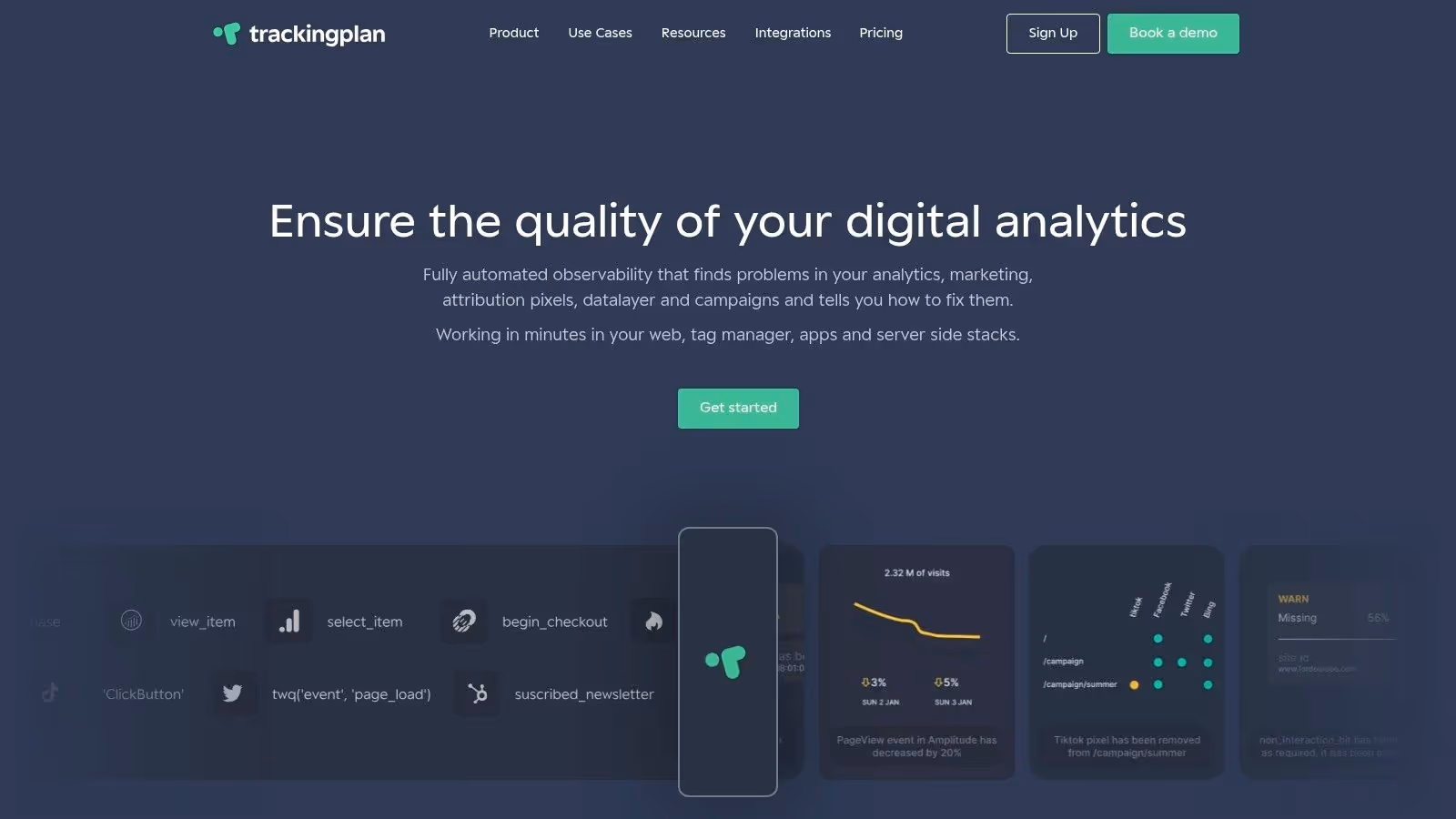 Trackingplan's analytics dashboard showing a comprehensive overview of data events and potential issues, a key feature for GA4 audit tools.