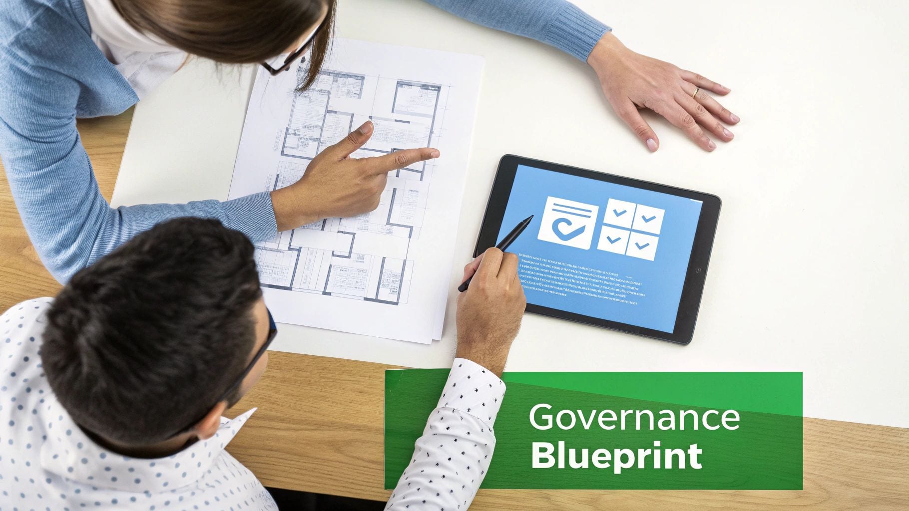 Two people discuss a building blueprint and a digital governance plan displayed on a tablet.