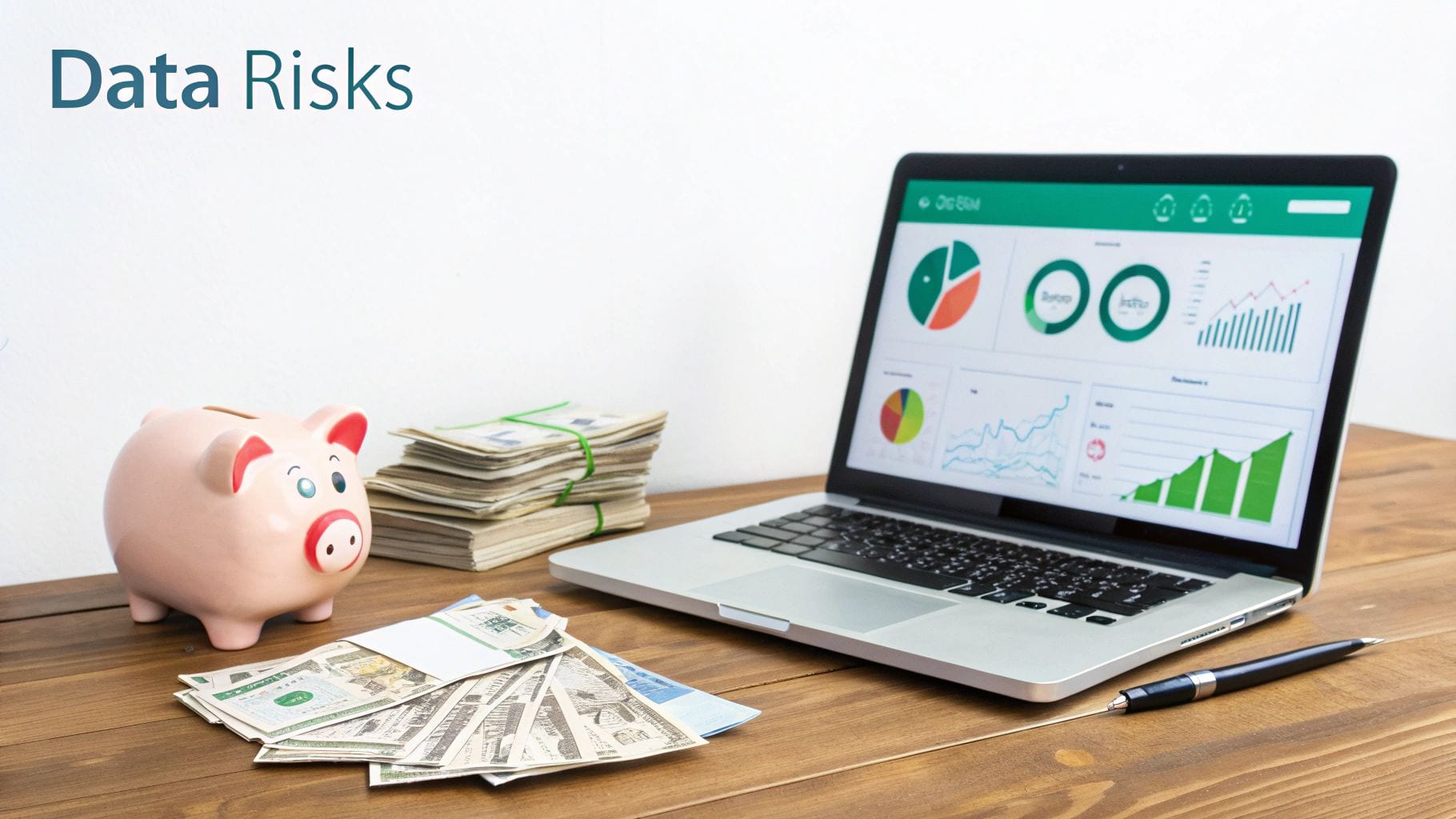 A desk with a laptop displaying financial data, money, a piggy bank, and the text 'Data Risks'.