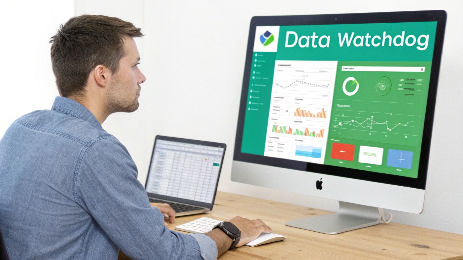 A man focused on a large desktop monitor displaying a data analytics dashboard.