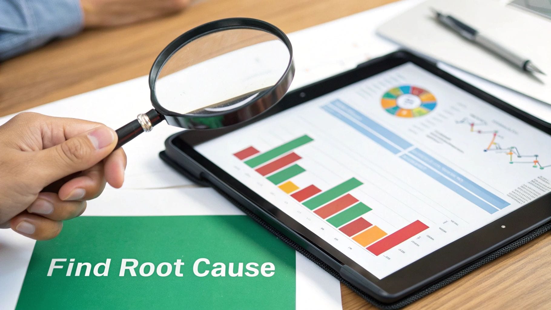 Hand with a magnifying glass over 'Find Root Cause' document, analyzing data on a tablet.