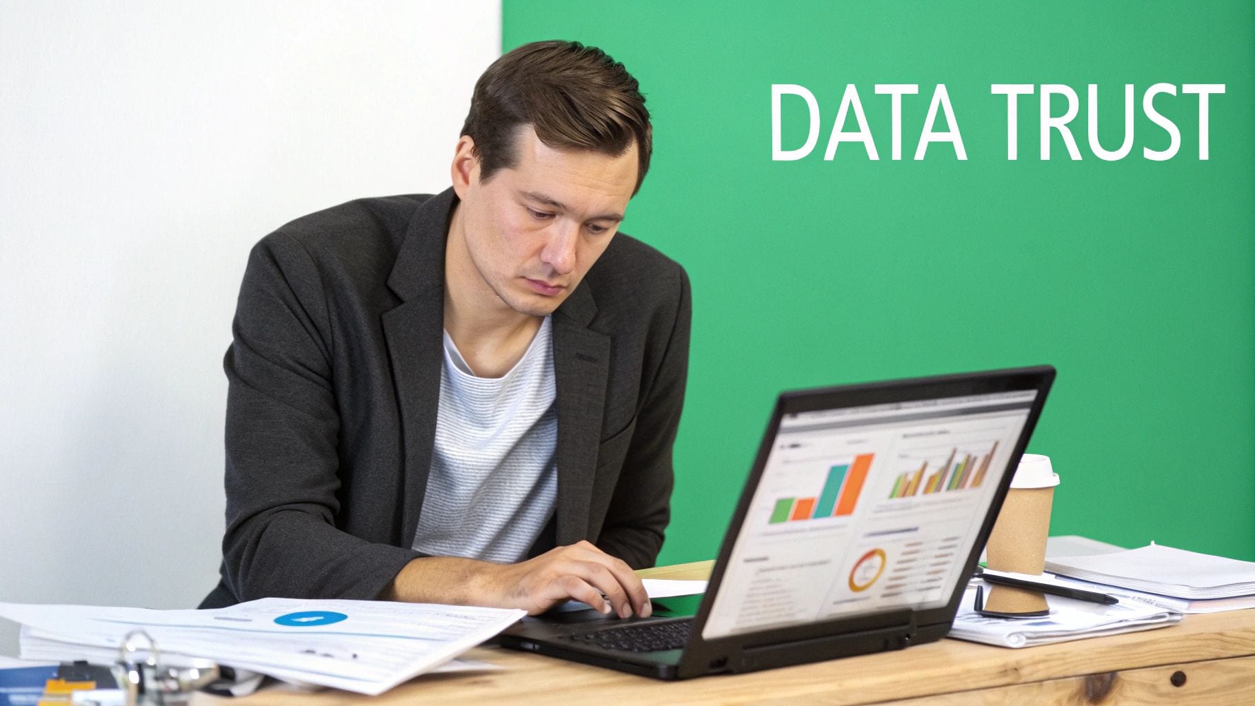 A man intently looking at a laptop displaying data charts, with 'DATA TRUST' on a green wall.