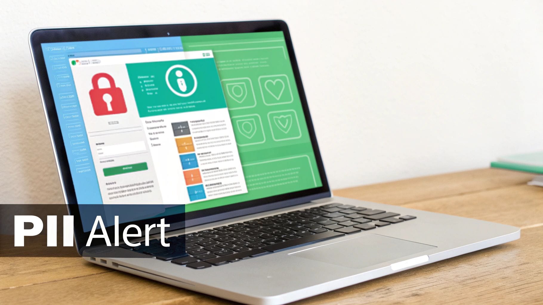 A laptop screen displays a web interface with a red lock icon and a 'PII Alert' message.