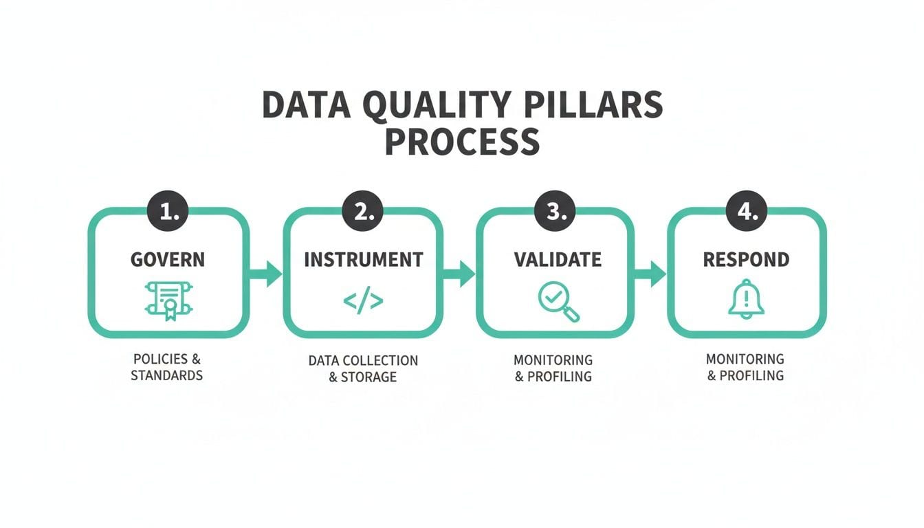 Flowchart illustrating the four-step data quality pillars process: Govern, Instrument, Validate, and Respond.