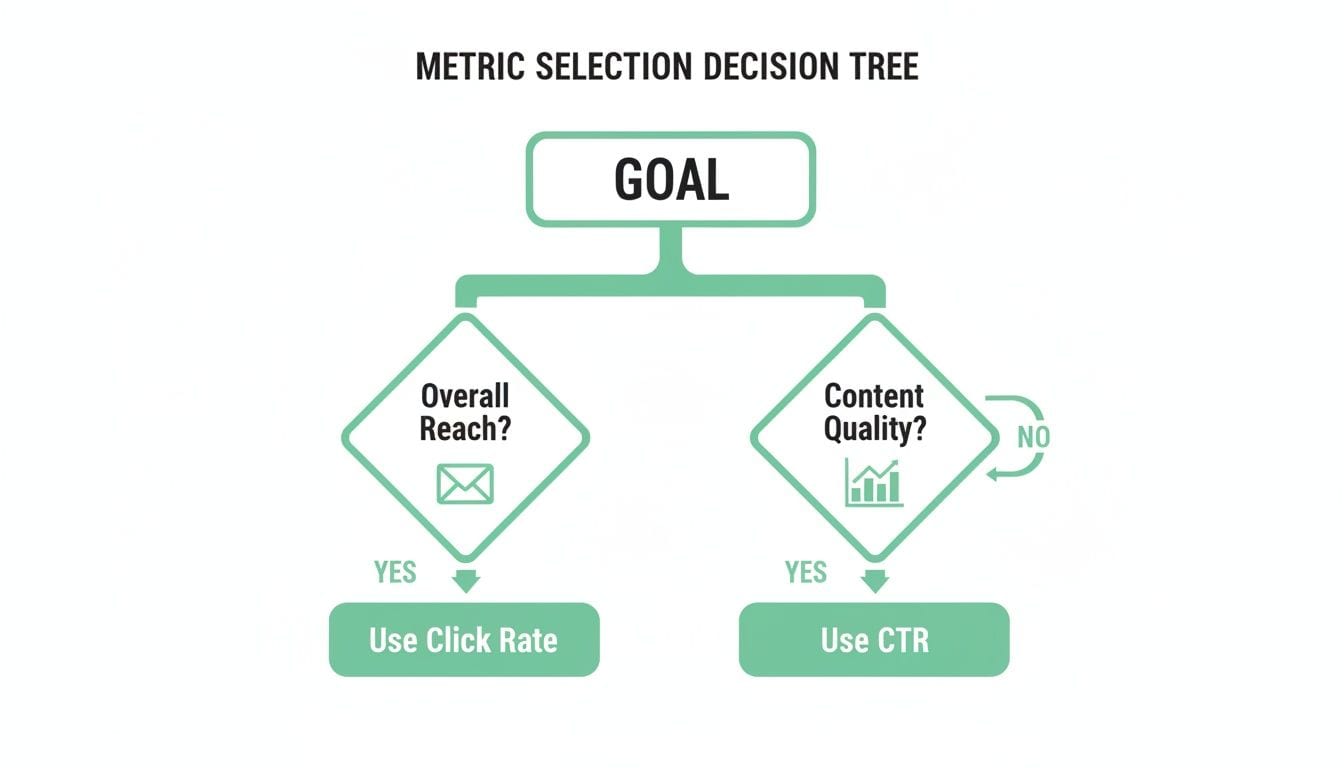 A metric selection decision tree diagram guiding choices between Click Rate and CTR based on goal.