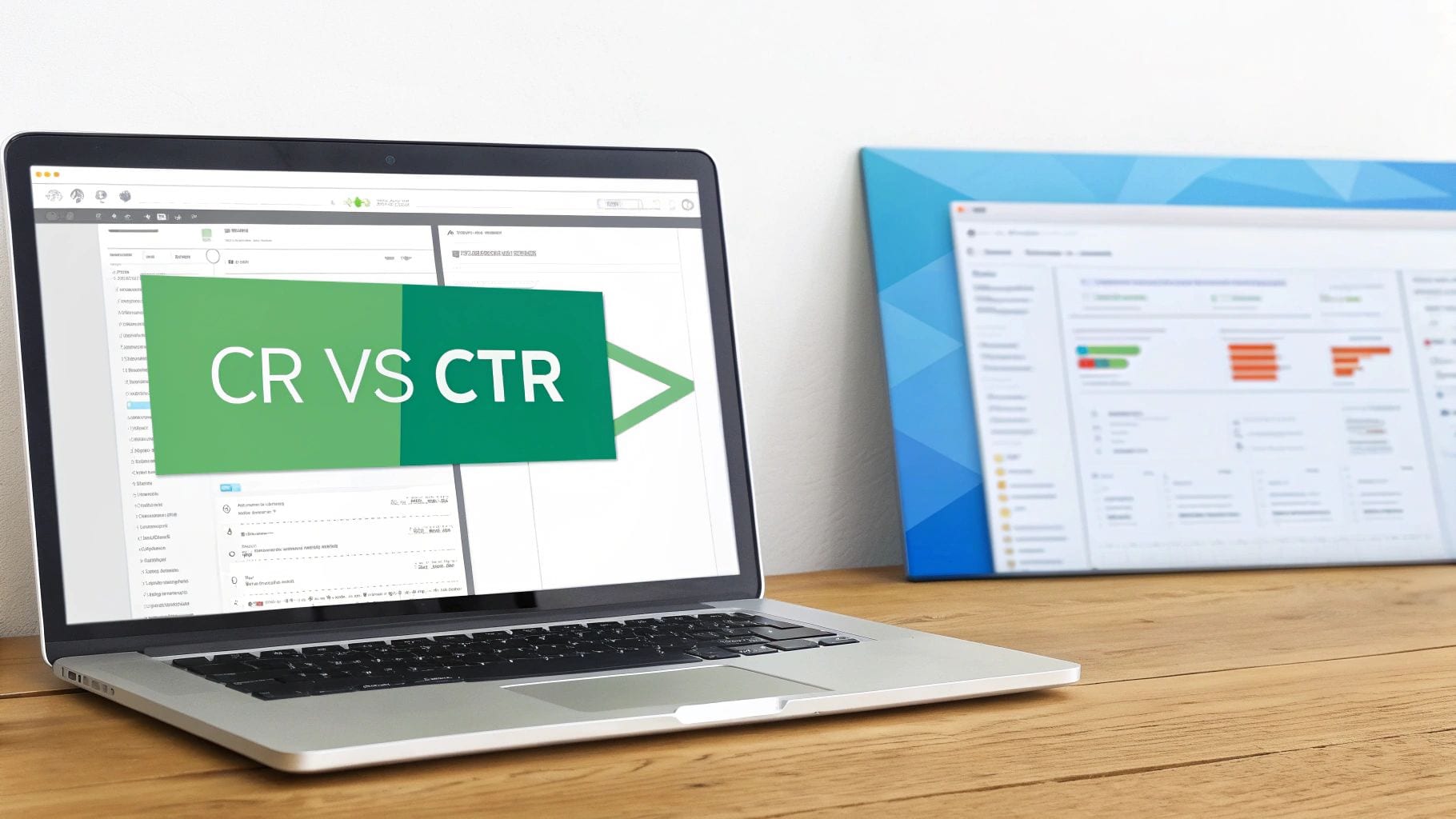 Laptop screen displaying 'CR VS CTR' comparison with a blurred analytics dashboard in the background.