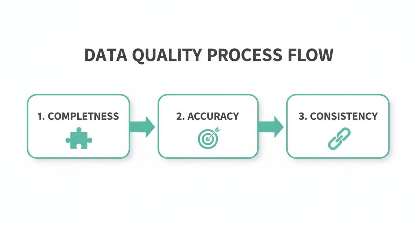 Flowchart illustrating the data quality process with three key steps: completeness, accuracy, and consistency.