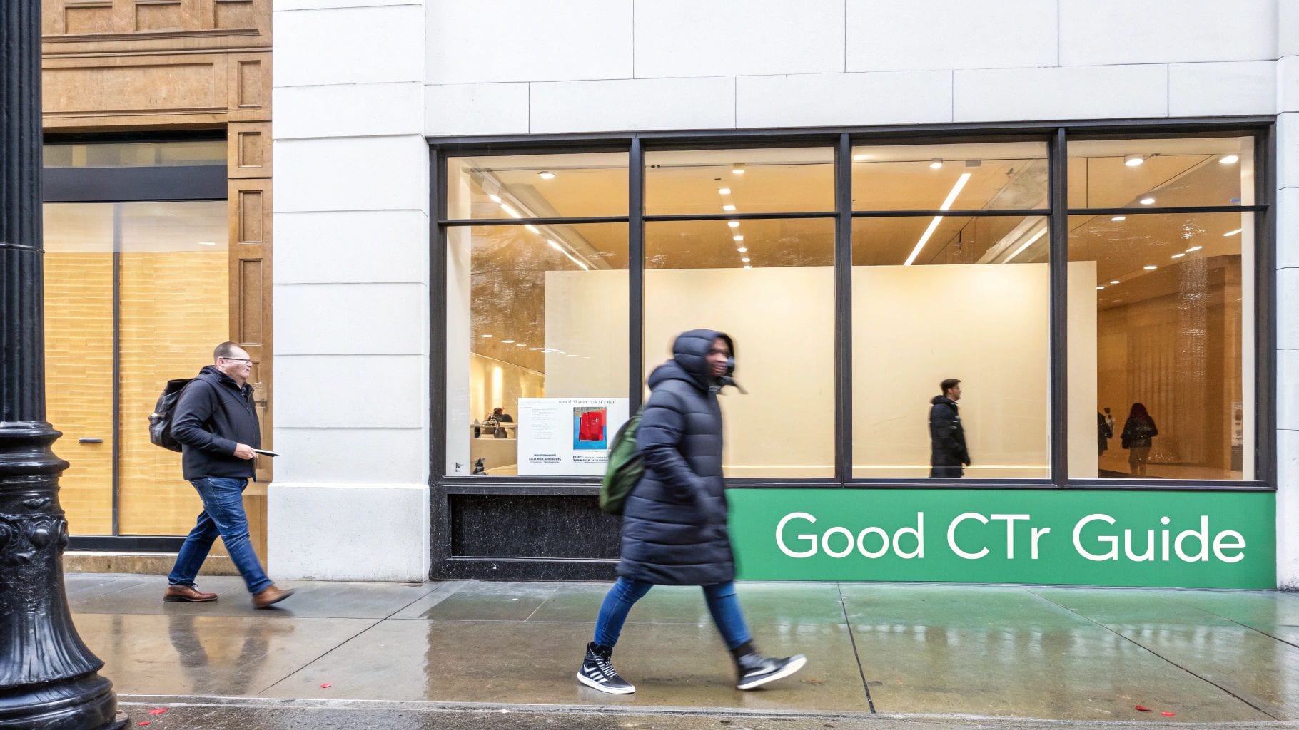 People walking on a wet city sidewalk in front of a modern building with large windows and a green sign.