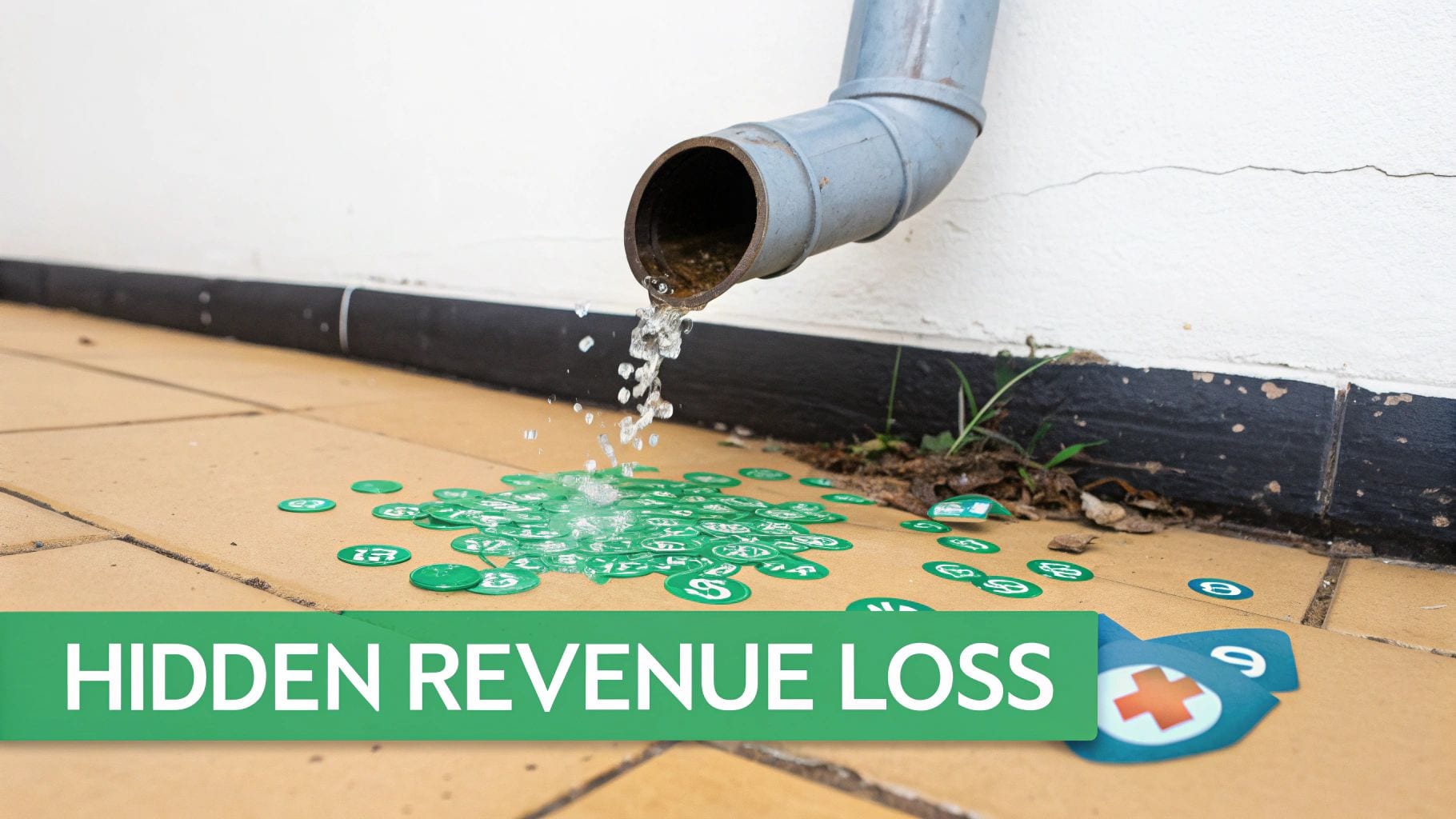 Water leaking from a downspout onto scattered money tokens, symbolizing hidden revenue loss.